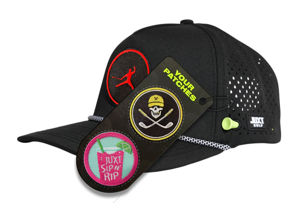 Black JUXT rope hat with 'Your Patches' card and sample patches