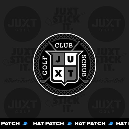 JUXT Golf Co. black and white circular patch with "JUXT CLUB SCRUB GOLF" text and JUXT logo, designed for golf hats.